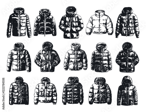 Winter Coats Cold Weather Jackets Outerwear Designs Ink Drawn Jackets Winter Apparel Fashion Icons Hand-Drawn Designs Stylish Jackets Warm Clothing Outerwear Illustrations