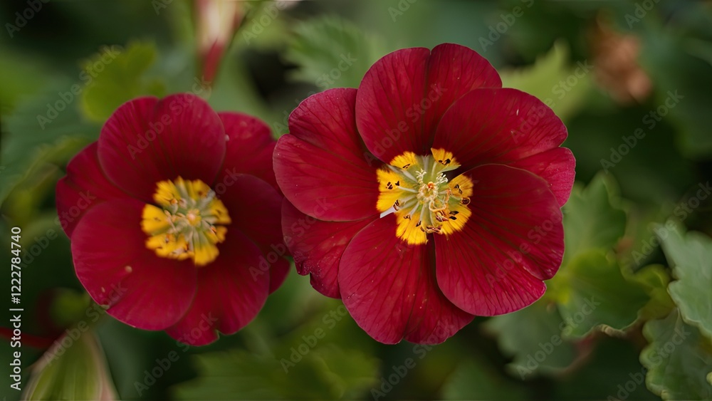 Two vibrant red flowers with yellow centers surrounded by green foliage, close-up shot showcasing petals and leaves against a natural backdrop. Two vibrant red flowers with yellow centers surrounded by green foliage, close-up shot showcasing petals and leaves against a natural backdrop.