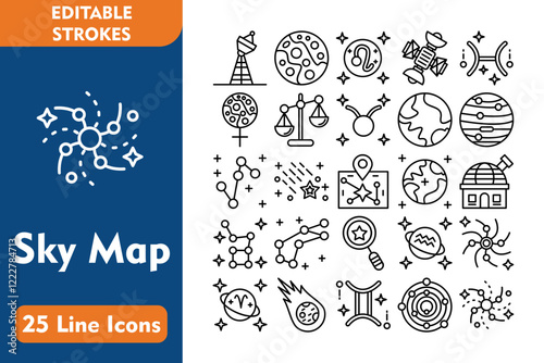 Sky Map Line Editable Icons set. Vector illustration in thin line modern style related icons:satellite tower, meteor shower, aquarius, nebula, aries, meteorite, gemini, solar system, blackhole,