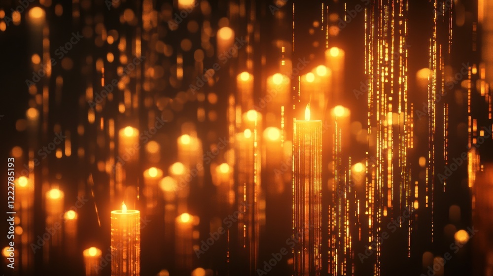 Fototapeta premium Abstract glowing big data forex candlestick chart on blurry background. Trade, technology, investment and analysis concept. 3D Rendering illustration