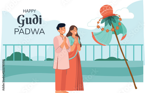 Happy Gudi Padwa Festival with Traditional Celebration Illustration A colorful Gudi Padwa scene with people worshipping and performing rituals.