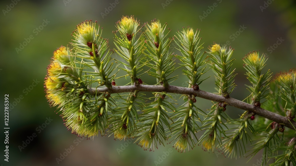 Lush green Araucaria heterophylla branch with vibrant yellow tips against a softly blurred natural background showcasing its unique beauty Lush green Araucaria heterophylla branch with vibrant yellow tips against a softly blurred natural background showcasing its unique beauty