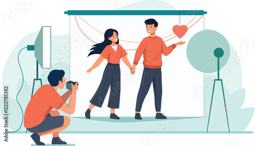 Illustration of Couple Photo Shoot in a Studio Setup A couple posing with studio lights, a backdrop, and a professional photographer adjusting their camera.