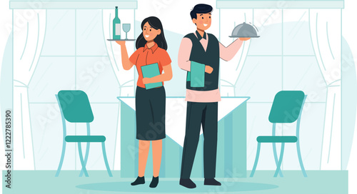 Hotel Service Staff Illustration with Waiter and Waitress A professional waiter and waitress serving food and drinks in a fine-dining setting.