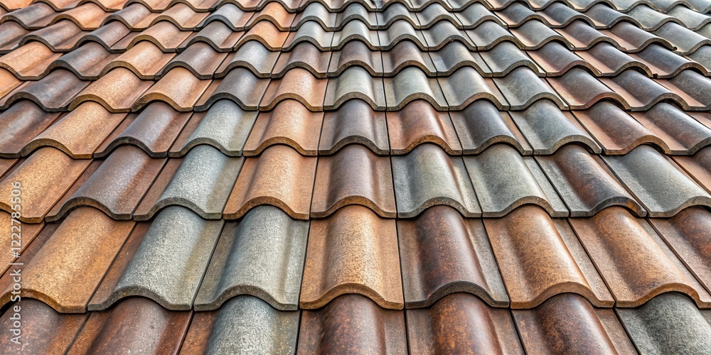 Close-up detailed view of a single metal roof tile with its textured surface and subtle color variations in shades of gray and brown, architectural element, concrete material Close-up detailed view of a single metal roof tile with its textured surface and subtle color variations in shades of gray and brown, architectural element, concrete material