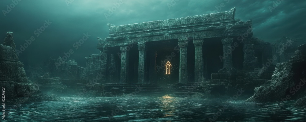 Obraz premium Mysterious ancient underwater temple with glowing entrance