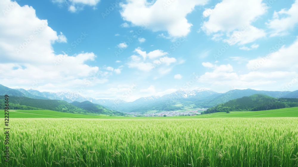 Obraz premium Lush green field under bright blue sky with clouds and distant mountains
