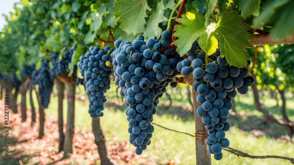 Obraz premium Vibrant clusters of dark blue grapes hang from lush green vines under clear skies in a scenic vineyard highlighting natural wine production.