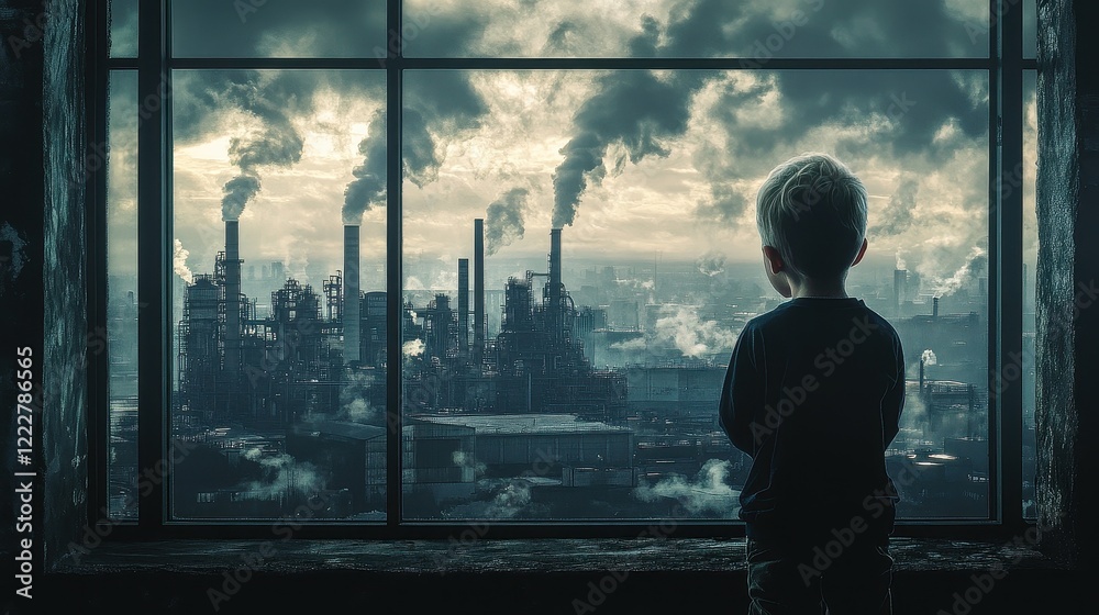 Fototapeta premium The child stood with his back turned to look at the city view window with a factory that emitted toxic smoke.
