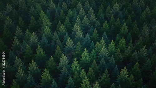 Lush green pine forest with dense evergreen tree canopy overhead creating rich shades of dark green and subtle light reflections from foliage.