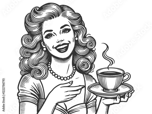 Smiling Retro Woman Drinking Coffee vector