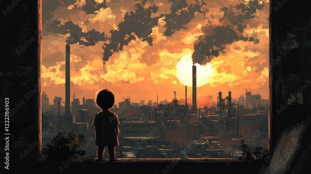 Fototapeta premium The child stood with his back turned to look at the city view window with a factory that emitted toxic smoke.