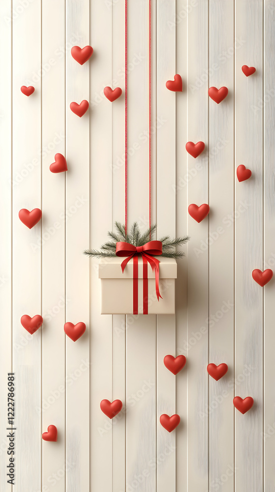 Fototapeta premium Gift, hearts, wood, hanging, ribbon, festive, background, Valentine's, design, backdrop