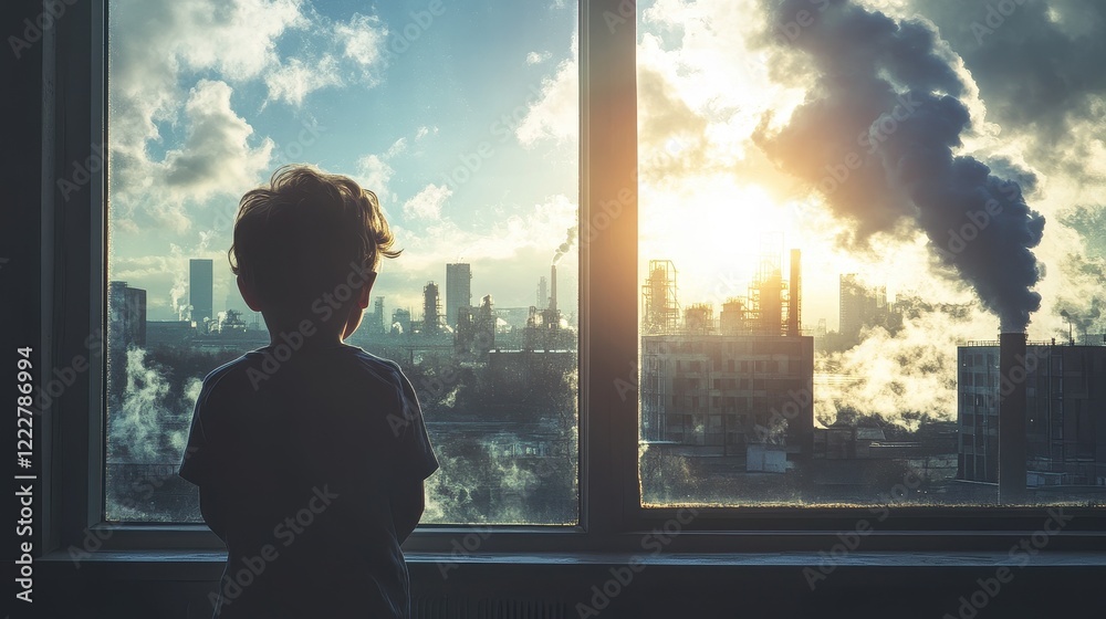 Fototapeta premium The child stood with his back turned to look at the city view window with a factory that emitted toxic smoke.