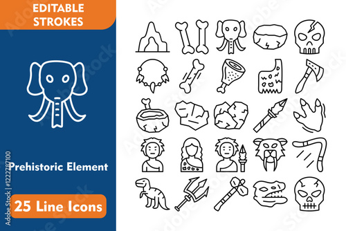 Prehistoric Element Line Editable Icons set. Vector illustration in thin line modern style related icons:cave, stone, saber tooth, boomerang, dinosaur, harpoon, prehistoric axe, fossil, skull, bones, 