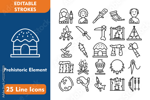 Prehistoric Element Line Editable Icons set. Vector illustration in thin line modern style related icons:hunter female, primitive, cudgel, horn, old man, bonfire, knife, hoe, cooking, tent, axe, torch
