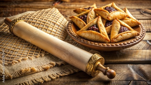 Traditional Purim pastries in a bowl next to a Scroll of Esther on a rustic wooden table photo