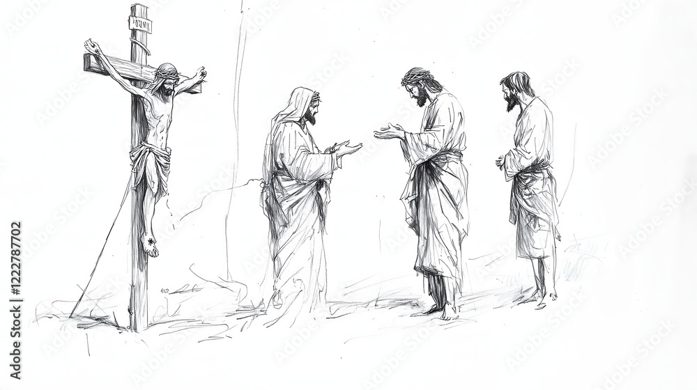Obraz premium Jesus Converses With Two Figures Near the Crucifixion