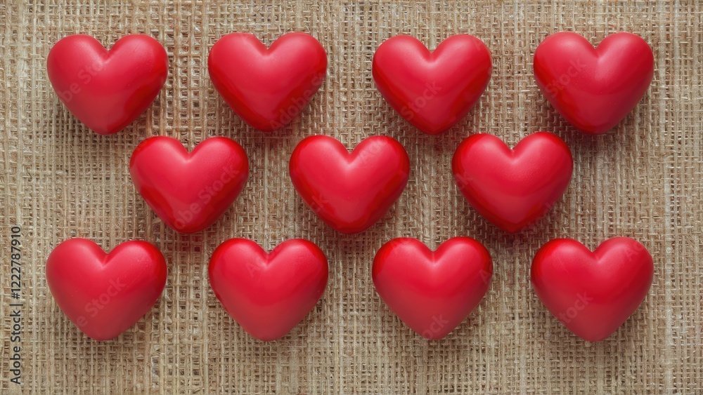 Fototapeta premium Red heart decorations arranged in two rows against a textured burlap background with neutral tones creating a warm, romantic atmosphere.