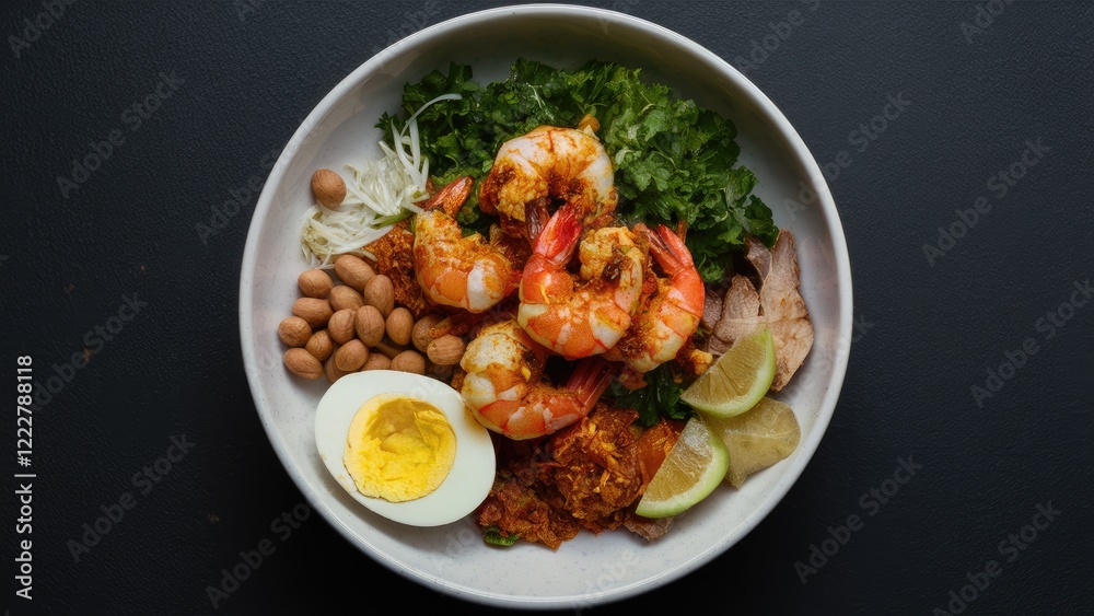 Colorful plate featuring spicy shrimp on a bed of fresh greens, accompanied by boiled egg, sliced lime, and nuts arranged artistically. Colorful plate featuring spicy shrimp on a bed of fresh greens, accompanied by boiled egg, sliced lime, and nuts arranged artistically.
