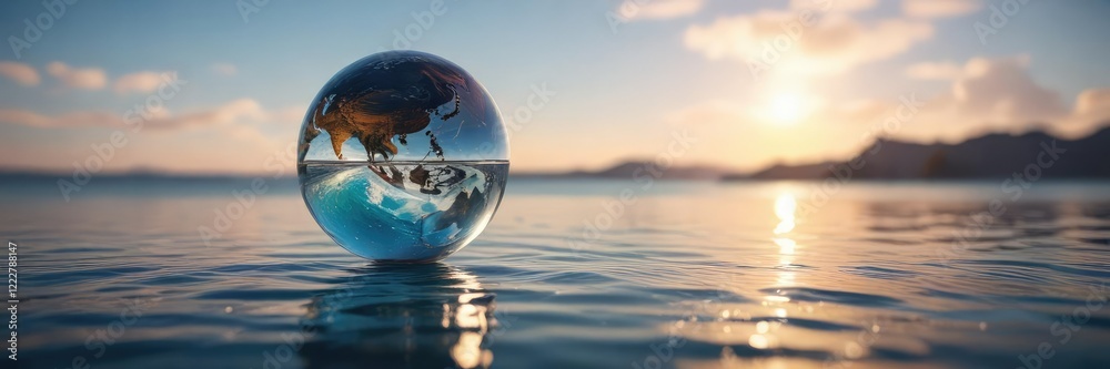 Glass globe suspended in mid-air above a reflective body of water, glass ball, floating motion, serene atmosphere Glass globe suspended in mid-air above a reflective body of water, glass ball, floating motion, serene atmosphere