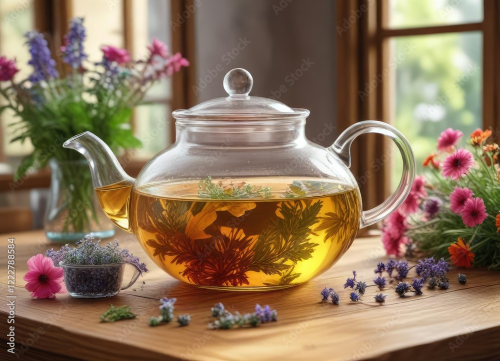 Glass teapot on a wooden desk filled with herbal infusion and flowers, serene, desk, peaceful Glass teapot on a wooden desk filled with herbal infusion and flowers, serene, desk, peaceful