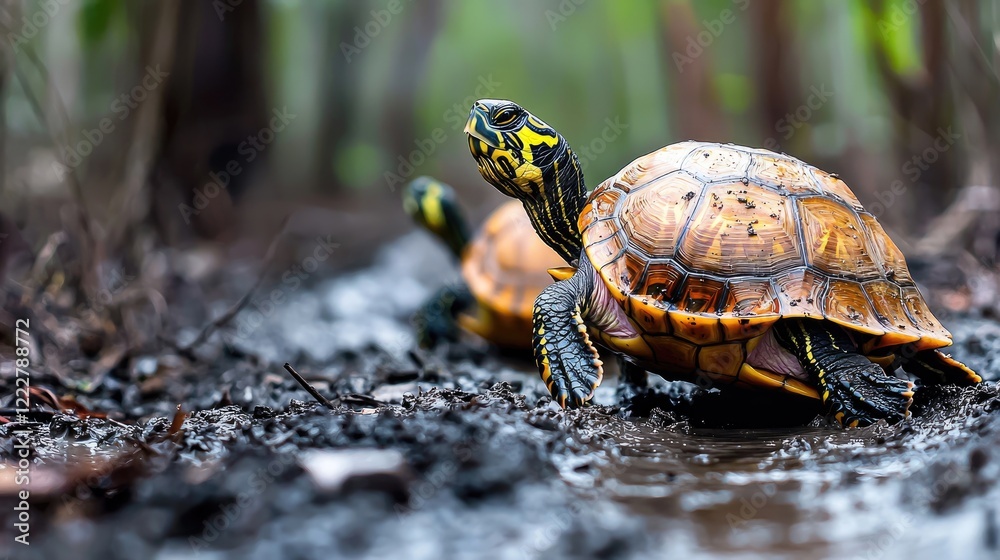 Fototapeta premium Two turtles walking on muddy ground in a forest. Use Nature documentary, wildlife photography