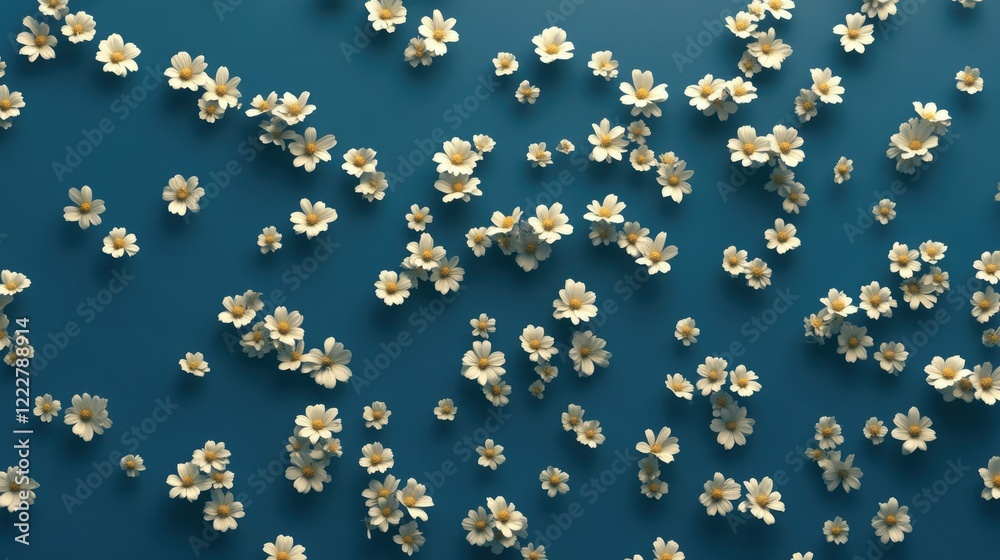 A top-down view of daisy flowers spread out on a solid blue background, creating a simple, elegant pattern A top-down view of daisy flowers spread out on a solid blue background, creating a simple, elegant pattern
