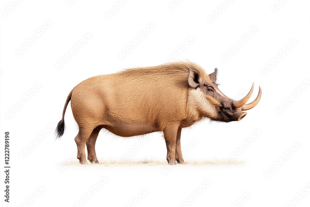 A majestic warthog stands proudly on a white background, showcasing its unique features and stature A majestic warthog stands proudly on a white background, showcasing its unique features and stature