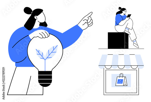 Woman holding lightbulb with leaf inside, person sitting on box using phone, shopping bag under store awning. Ideal for innovation, creativity, technology, ecommerce, entrepreneurship