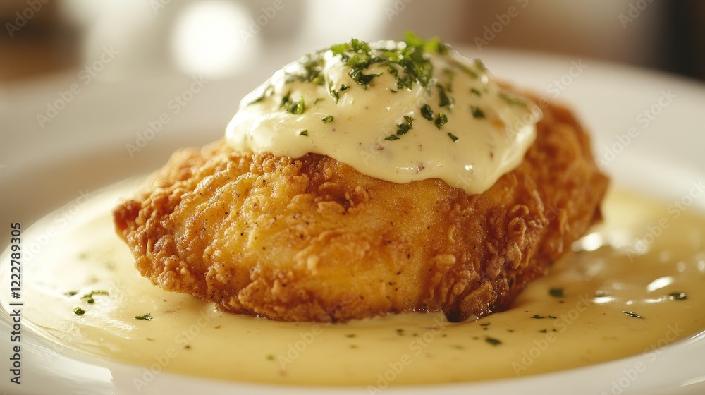 A crispy fried chicken breast topped with creamy sauce and herbs, served on a plate. A crispy fried chicken breast topped with creamy sauce and herbs, served on a plate.