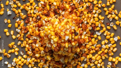 Crispy golden roasted corn kernels arranged in a mound on a dark surface with scattered kernels surrounding it creating a vibrant texture contrast. photo