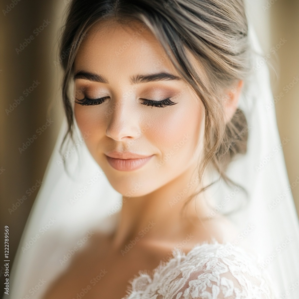 Serene bride with elegant updo and makeup, eyes closed, soft smile. Serene bride with elegant updo and makeup, eyes closed, soft smile.