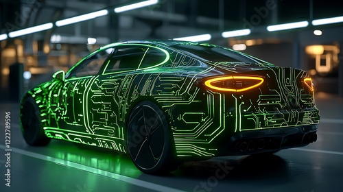 Electric car, circuit design, factory, night, future technology, automotive production
