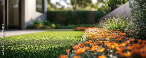 Gardening landscaping concept. Vibrant flowers beside a lush green lawn in a serene garden setting.