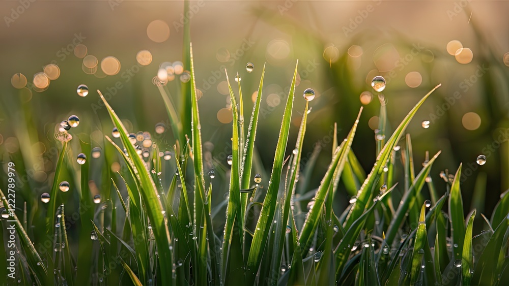 Fototapeta premium Morning dew droplets sparkle on vibrant green grass blades in a blurred golden background, creating a serene morning atmosphere.