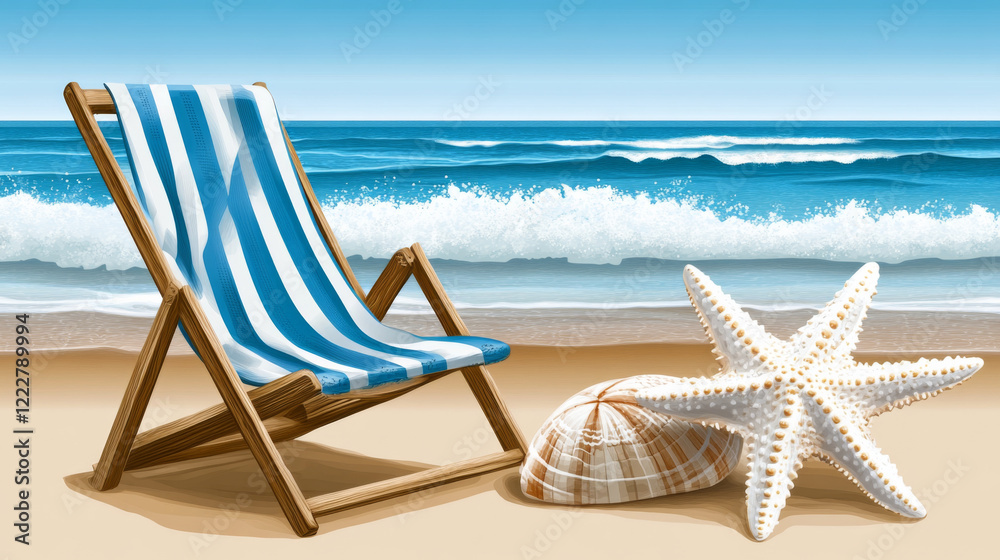 striped beach chair and seashells on sandy shore with waves striped beach chair and seashells on sandy shore with waves