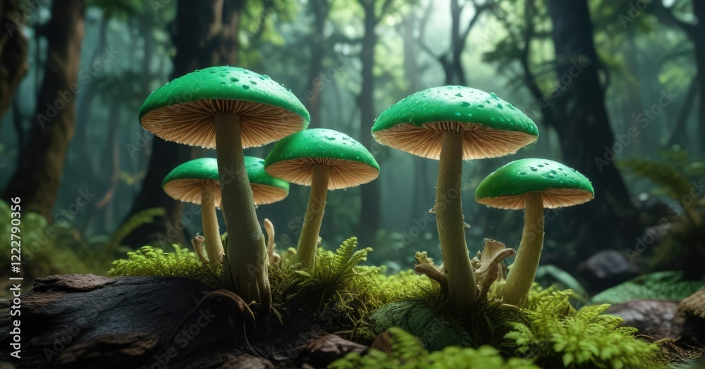 Fototapeta premium Glowing green mushrooms in a tropical rainforest, bioluminescent, rainforest