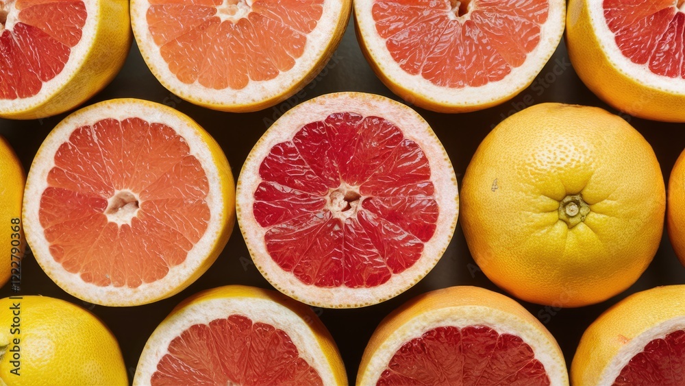 Ripe grapefruit halves with bright red flesh and yellow skin arranged in a flat lay display showcasing vibrant colors and textures. Ripe grapefruit halves with bright red flesh and yellow skin arranged in a flat lay display showcasing vibrant colors and textures.