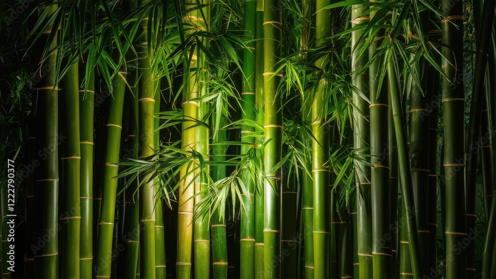 Fototapeta premium Vibrant green bamboo stalks with delicate leaves illuminated by soft light against a dark background, creating a serene natural ambiance.