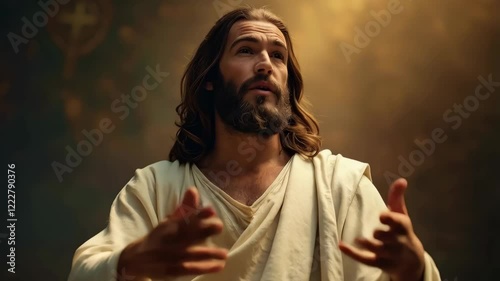 Resurrected Jesus, his open hands emphasizing the bestowal of grace and forgiveness. Bible stories. Easter resurrection holiday.