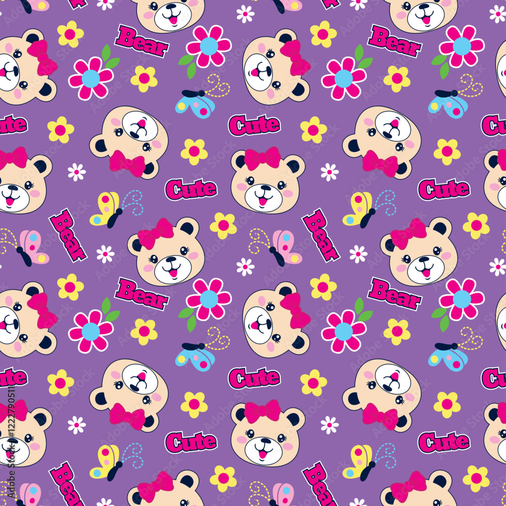 Obraz premium Seamless vector pattern of a bear head adorned with floral decoration and cute insects 