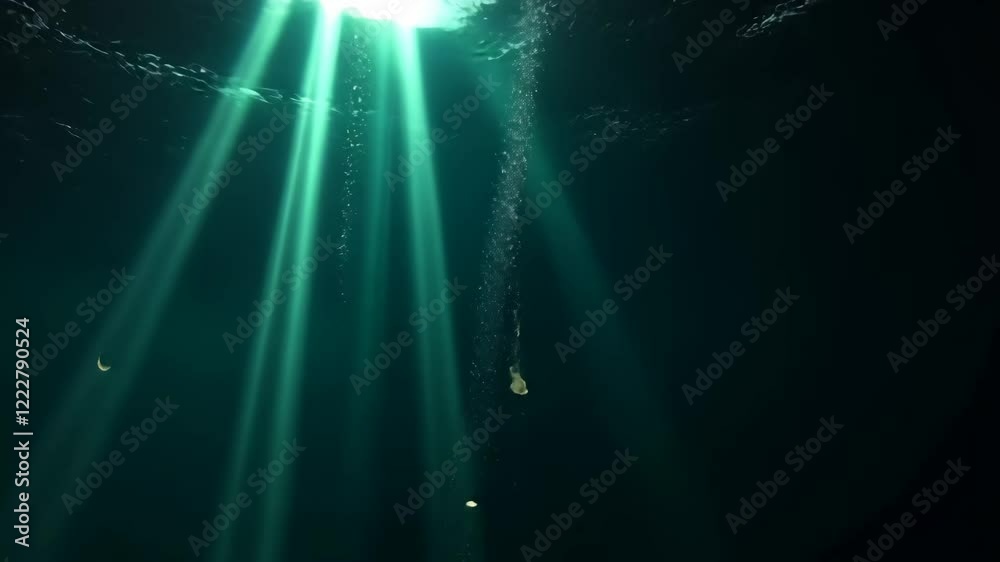 Underwater rays of light. Dark turquoise water background. Natural mood for website or promo for travel. Steady footage.