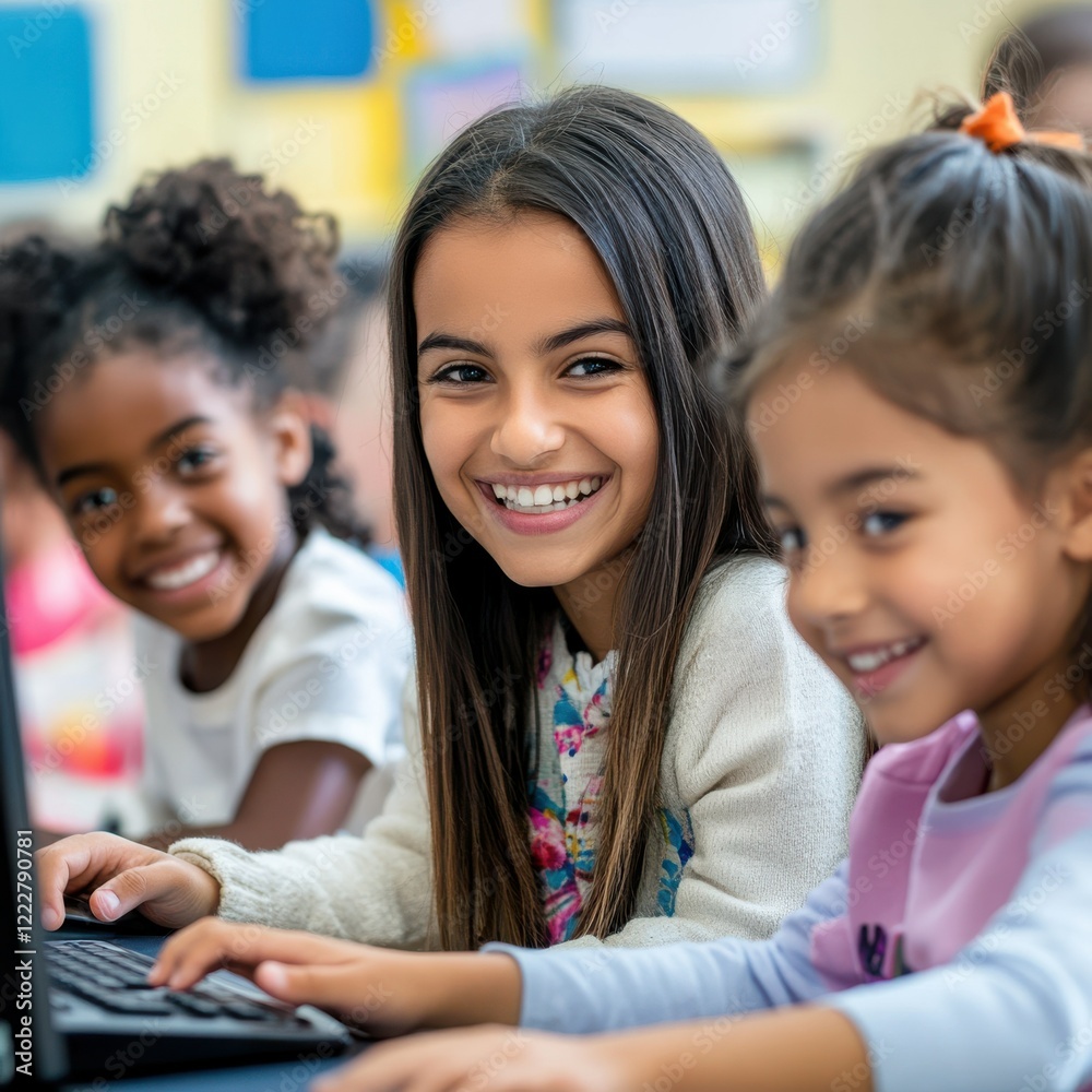 Diverse young girls learning together and smiling in classroom setting Diverse young girls learning together and smiling in classroom setting