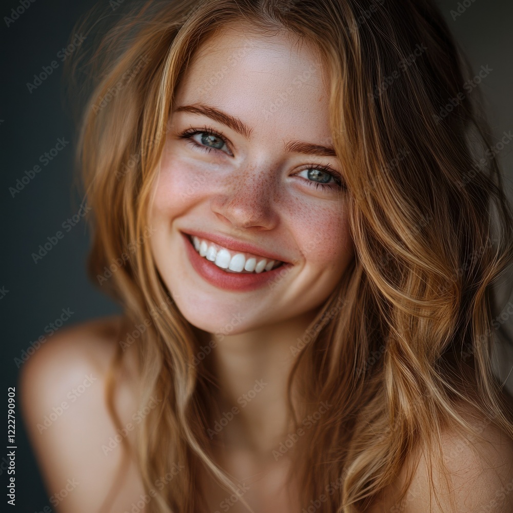 Smiling young caucasian female with freckles and wavy blonde hair Smiling young caucasian female with freckles and wavy blonde hair