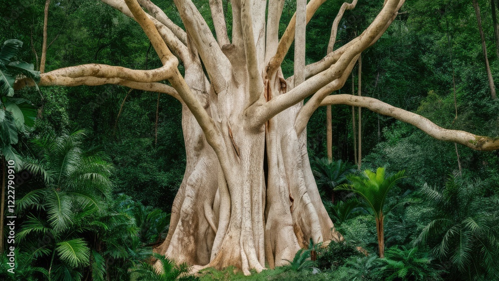 Majestic large tree with a smooth light bark showcasing sprawling branches in a lush green tropical rainforest setting against a dark backdrop Majestic large tree with a smooth light bark showcasing sprawling branches in a lush green tropical rainforest setting against a dark backdrop