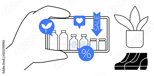 Hand holding a smartphone displaying various products, surrounded by social media icons for thumbs ups, sales, and percentages. Ideal for e-commerce, digital marketing, mobile apps, sales promotions