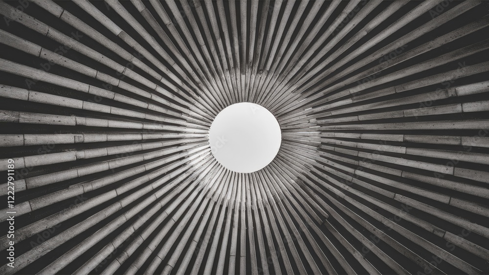 Cylindrical grey concrete structure with radial lines converging towards a white circular center viewed from below creating a dynamic perspective. Cylindrical grey concrete structure with radial lines converging towards a white circular center viewed from below creating a dynamic perspective.