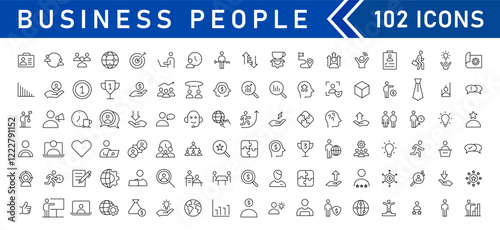 Business people line icons set. Teamwork, human resources, meeting, partnership, workgroup, success, leadership icon