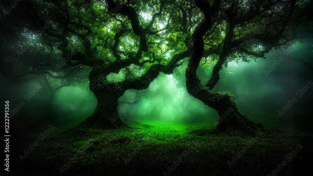 Fototapeta premium Mystical trees in foggy green forest